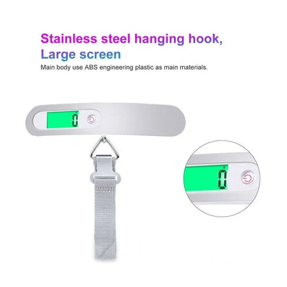 Silver digital luggage scale with LCD display showing weight measurement and integrated hanging belt