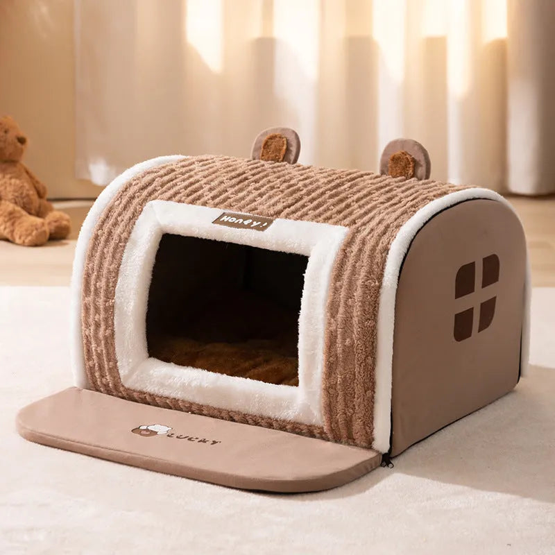 Brown bear arc dog bed with raised sides, velvet fabric, for small dog sleeping.