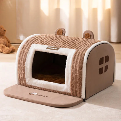 Brown bear arc dog bed with raised sides, velvet fabric, for small dog sleeping.