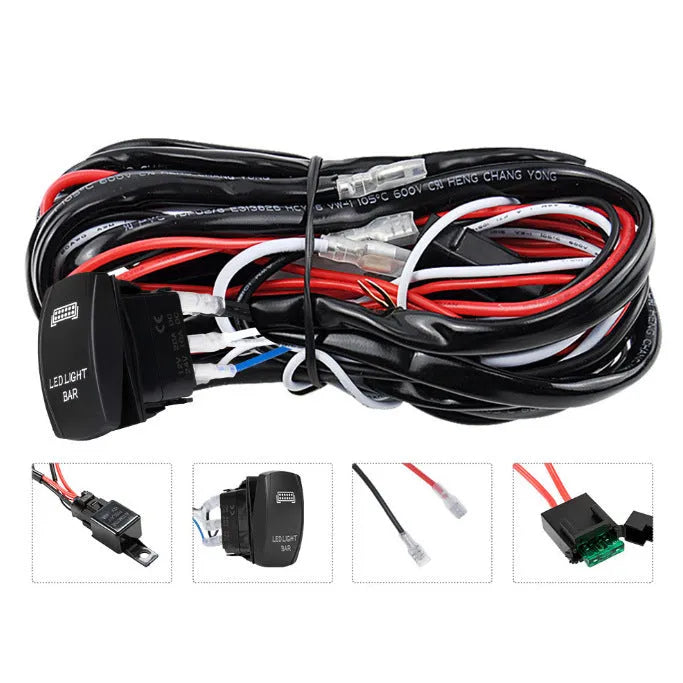 Black off road LED spotlight wiring harness with integrated switch and 2 metre cable length