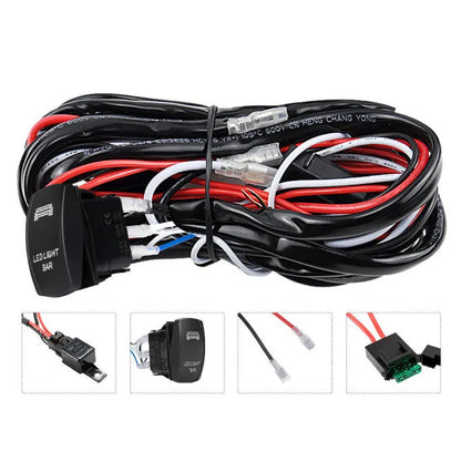 Black off road LED spotlight wiring harness with integrated switch and 2 metre cable length