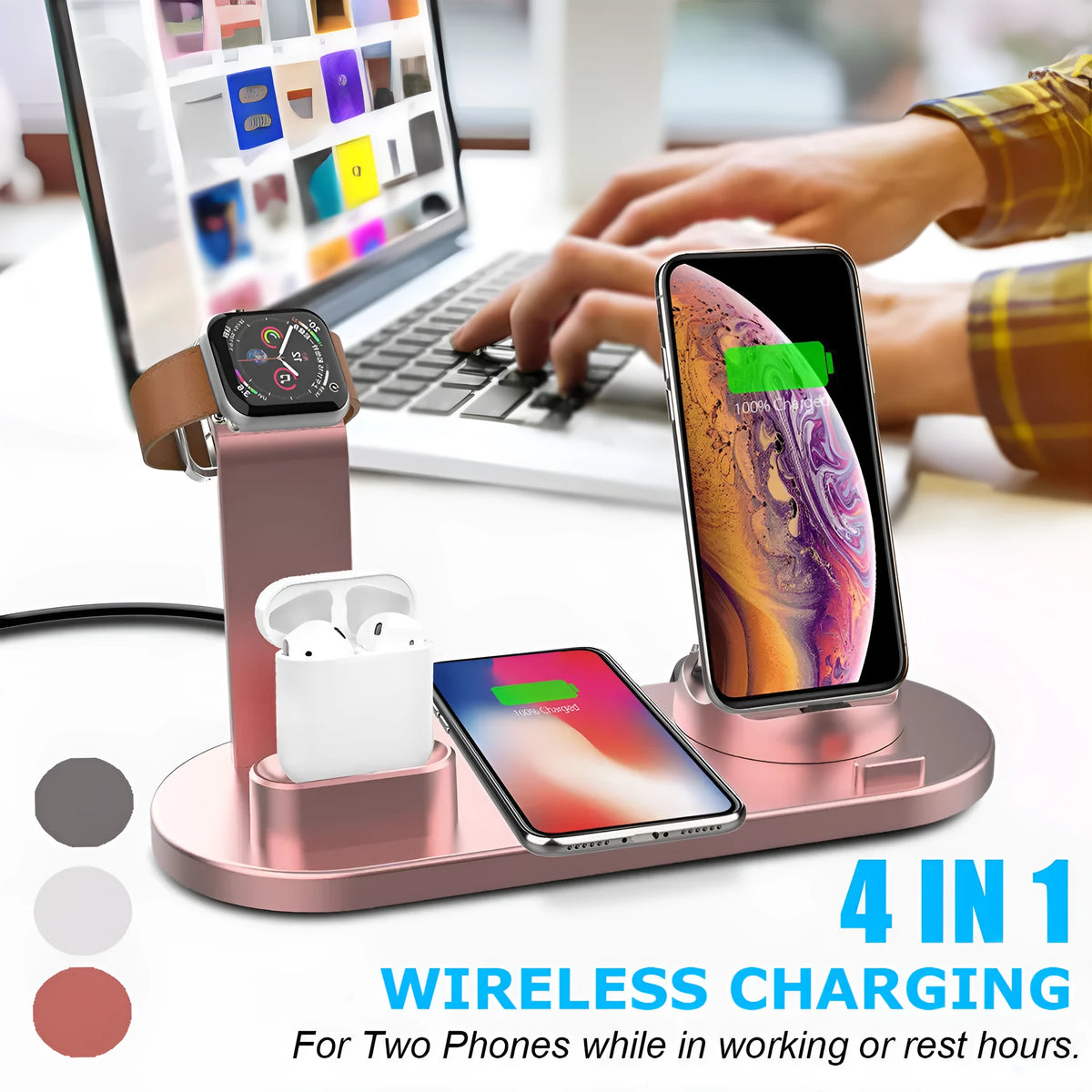 Three-in-one wireless charging stand in silver for iPhone, Apple Watch and AirPods with adjustable angle and USB power