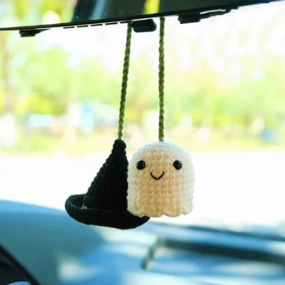 Soft, hand-woven plush car hanging ornament in a cartoon character design.