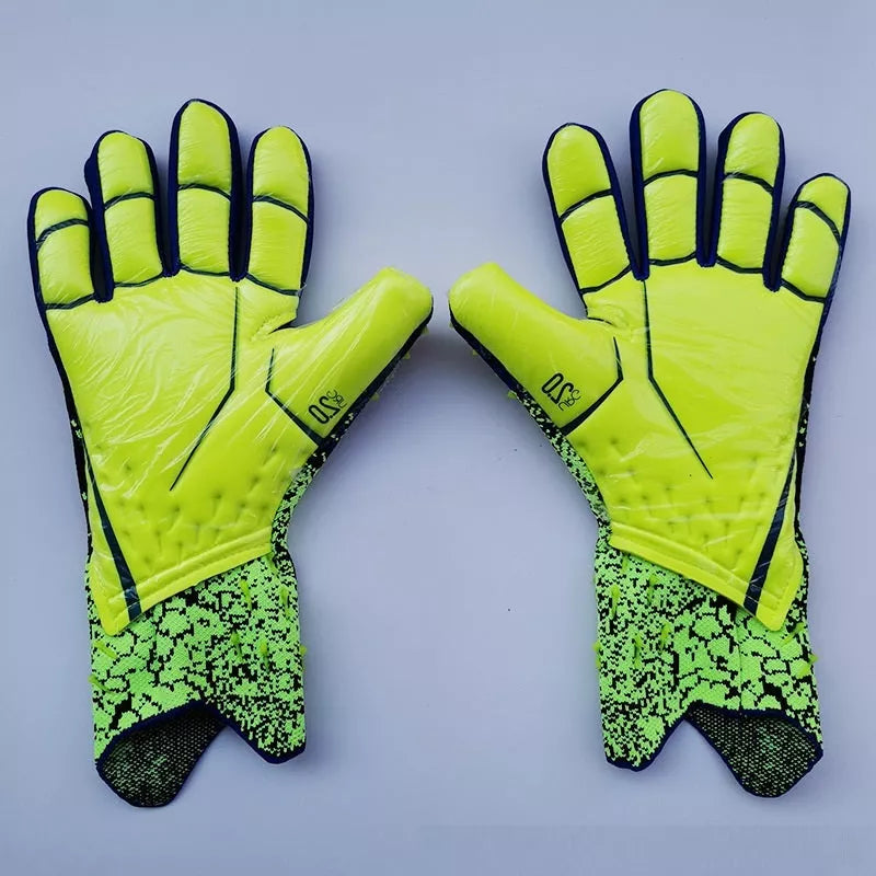 Kids Football Goalkeeper Gloves in red, green, black, and orange colors, sizes 6-10