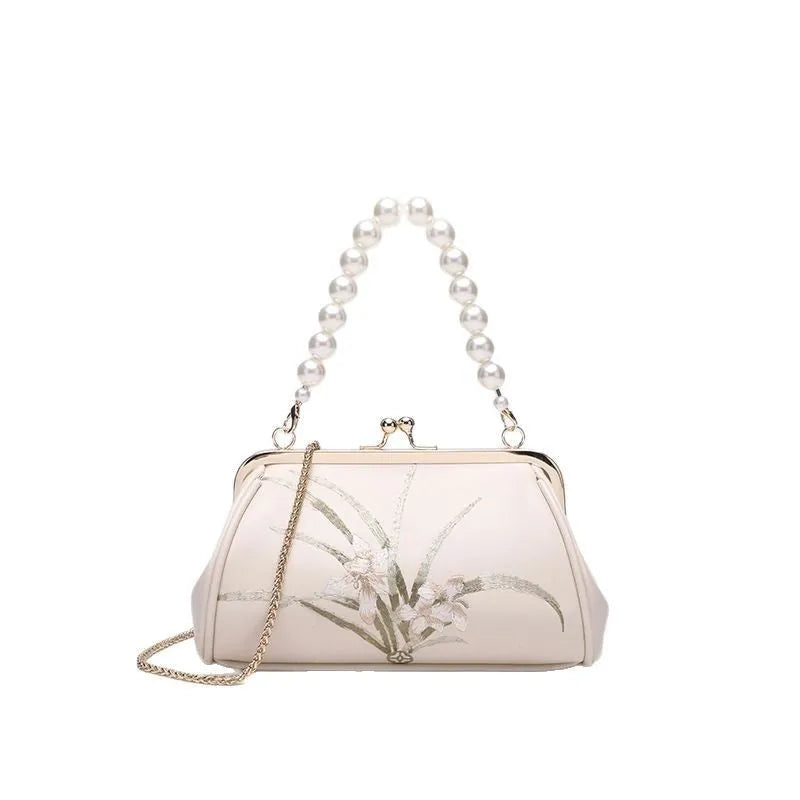Beige soft PU shell-shaped women's shoulder bag with embroidered detail