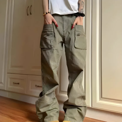Double zipper workwear casual pants in green cotton fabric with pocket and elastic waist