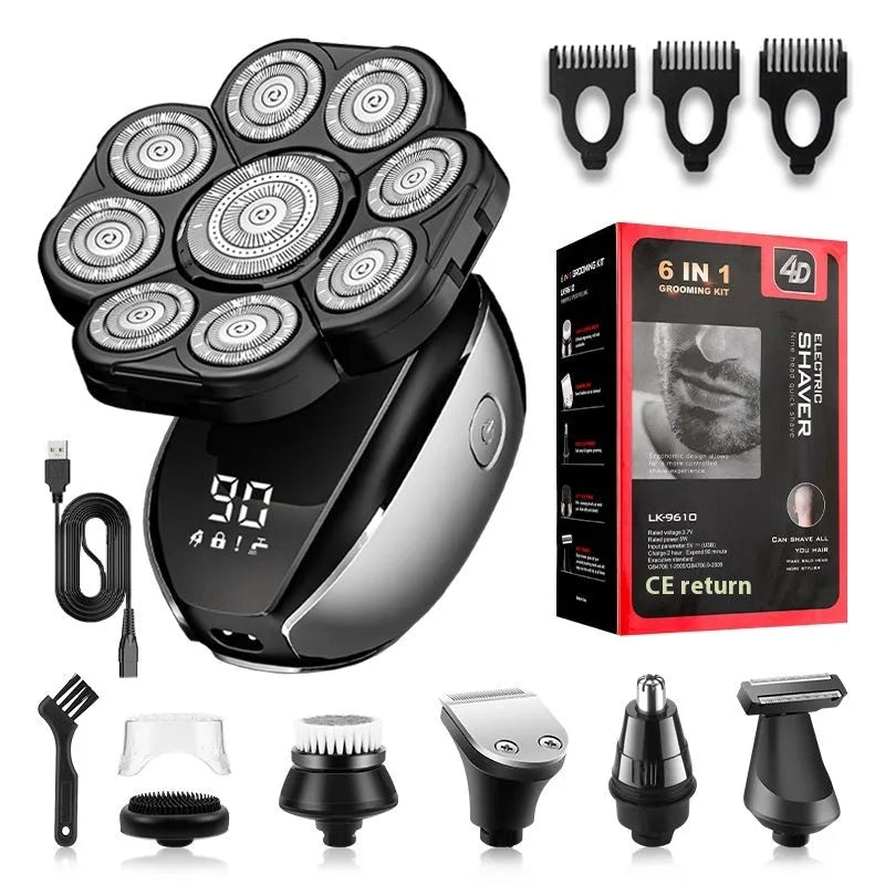Black 6-in-1 multifunctional haircut suit with hair clipper, shaving head, nose trimmer, and attachments
