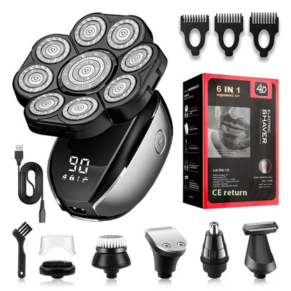 Black 6-in-1 multifunctional haircut suit with hair clipper, shaving head, nose trimmer, and attachments