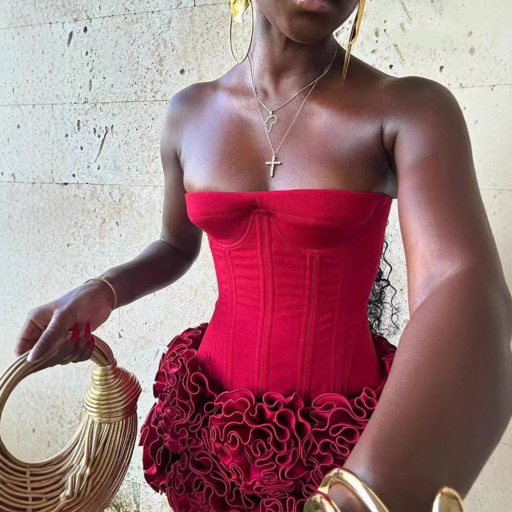 Women's adjustable strapless tube top and mini skirt party dress set in various colors