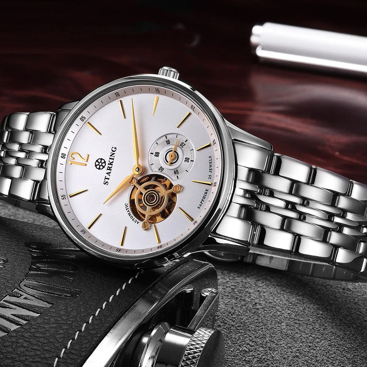 Automatic mechanical men's business watch with brown leather strap and circular dial showing 11mm thickness