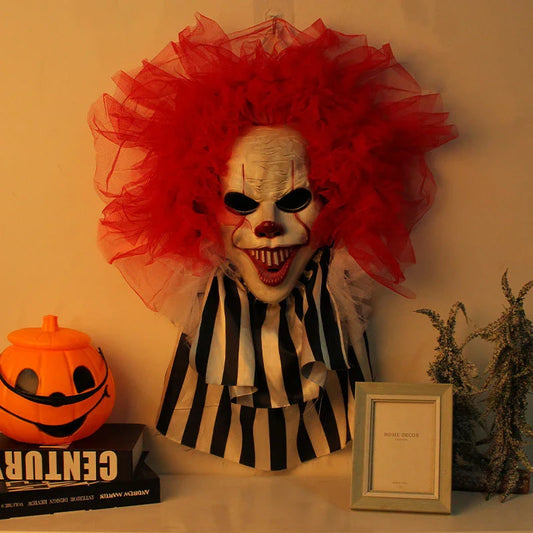 Spooky clown-themed Halloween wreath with red and black colors, perfect for hanging on doors or walls as festive holiday decoration