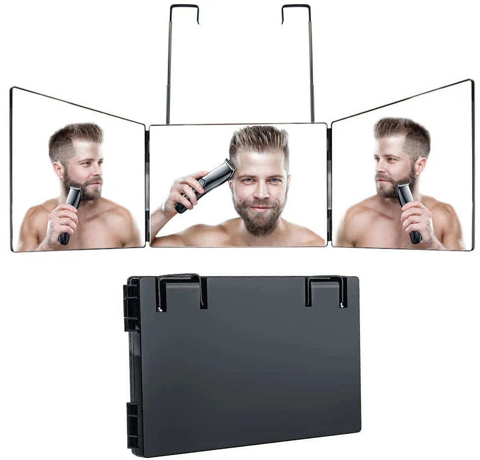 Telescopic Hanging Three-sided Folding Makeup Mirror with 360-degree view for DIY haircuts