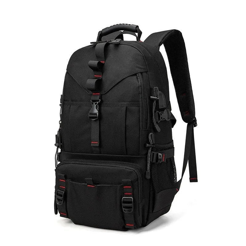 Men's black waterproof Oxford cloth hiking backpack with air pillow shoulder straps showing 56-75L capacity