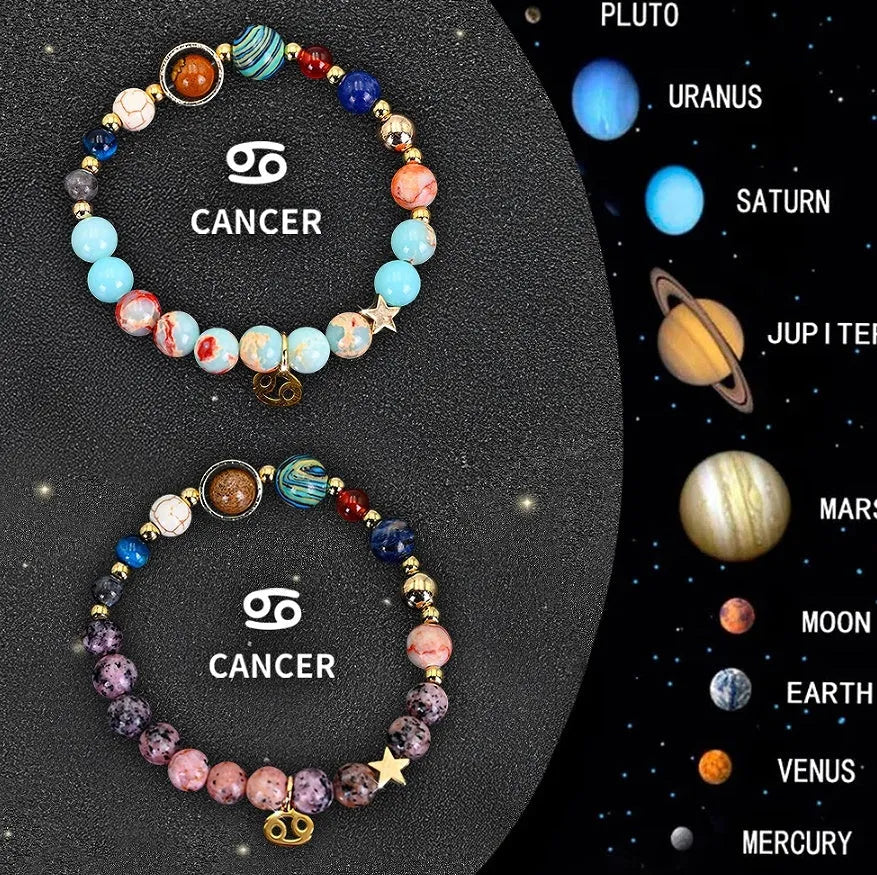Twelve Zodiac Sign natural stone beaded bracelets with adjustable 20-24cm length showing distinct astrological designs