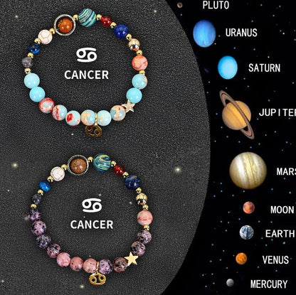 Twelve Zodiac Sign natural stone beaded bracelets with adjustable 20-24cm length showing distinct astrological designs