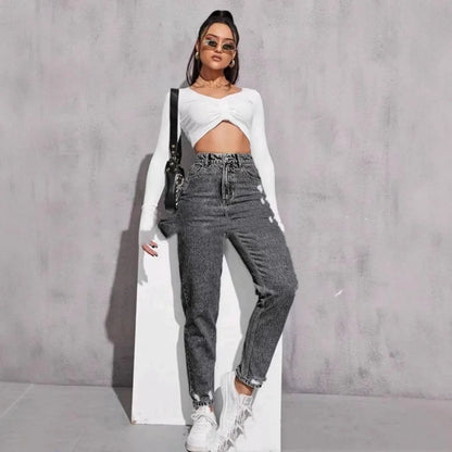 Women's ripped washed skinny jeans in cotton denim with medium stretch, high or mid waist, light blue to dark blue, S to 2XL.