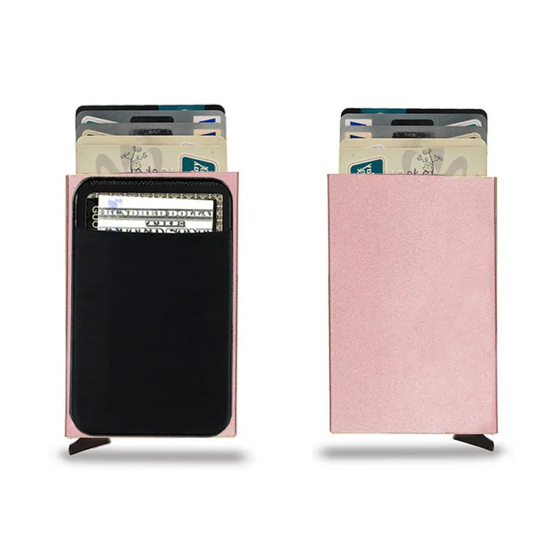Aluminium alloy credit card holder with frosted finish measuring 9.5x6x1.0cm, showing RFID protection for 4-6 cards