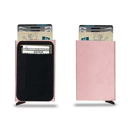 Aluminium alloy credit card holder with frosted finish measuring 9.5x6x1.0cm, showing RFID protection for 4-6 cards