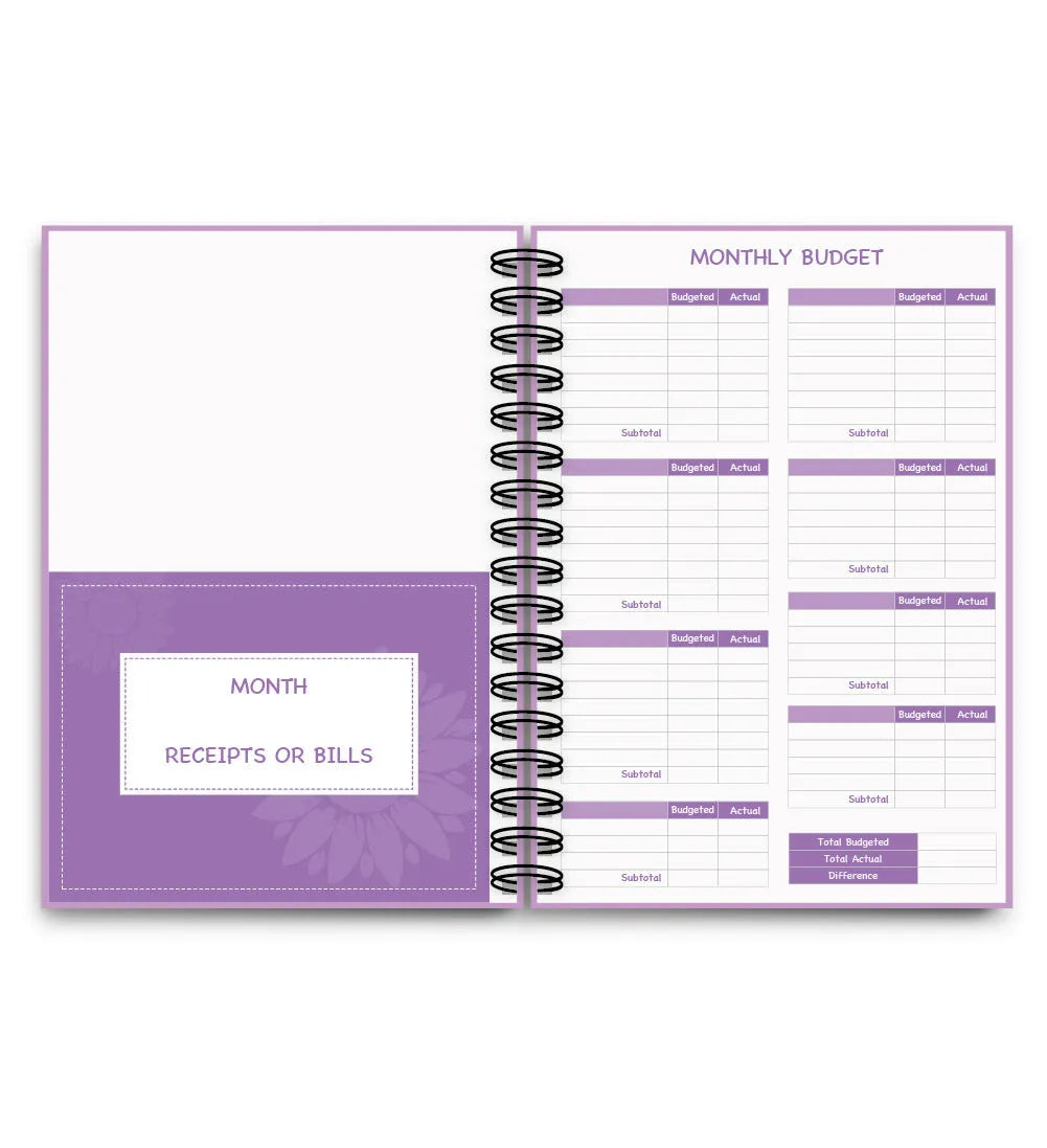 Purple A5 financial planning notebook with coil binding, showing monthly budget layout and included pen with stickers