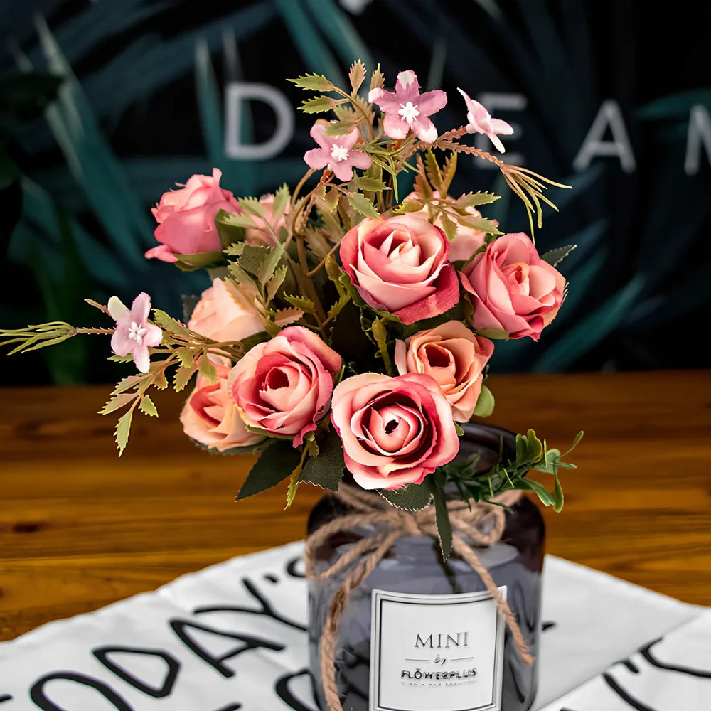 Artificial silk flower bouquet in seven colours with semi-manual construction