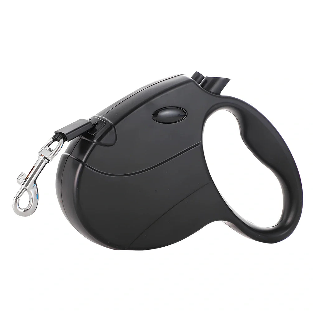 Automatic telescopic pet traction rope showing compact 140x168mm size and ABS plastic construction