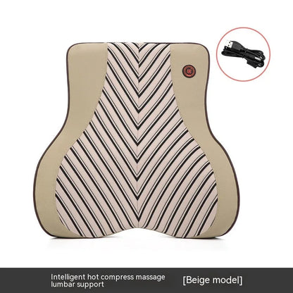 Black and orange electric massage heating car headrest and lumbar support cushion on a vehicle seat.
