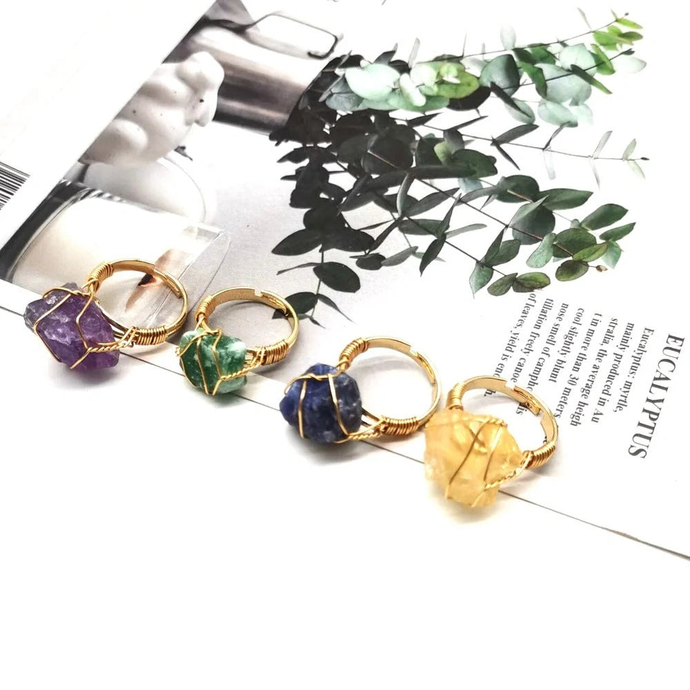 Elegant adjustable ring made with a variety of natural gemstones like citrine, green aventurine, and amethyst