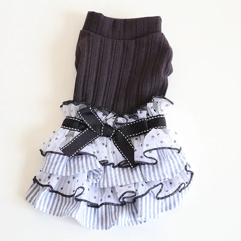 Polka dot lace cake dress pet costume for dogs and cats in princess style with floral trim