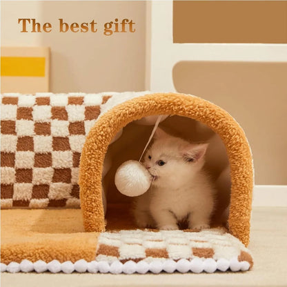 Plush plaid cat tunnel bed with central mat showing brown colour and collapsible tunnel design