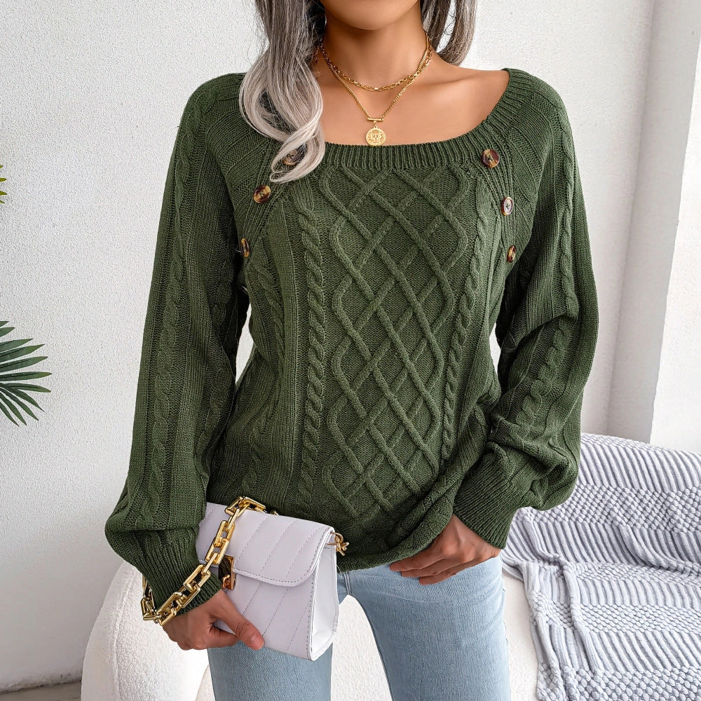 A stylish knitted sweater with a square neckline and button accents, available in a variety of trendy colors for a cozy and fashionable winter look.