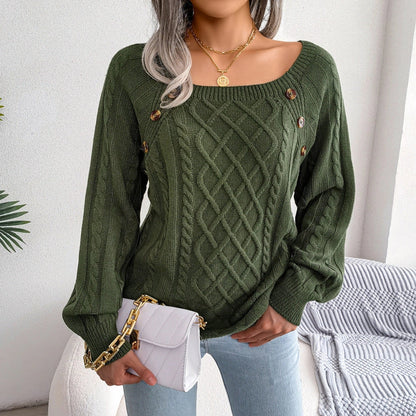 A stylish knitted sweater with a square neckline and button accents, available in a variety of trendy colors for a cozy and fashionable winter look.