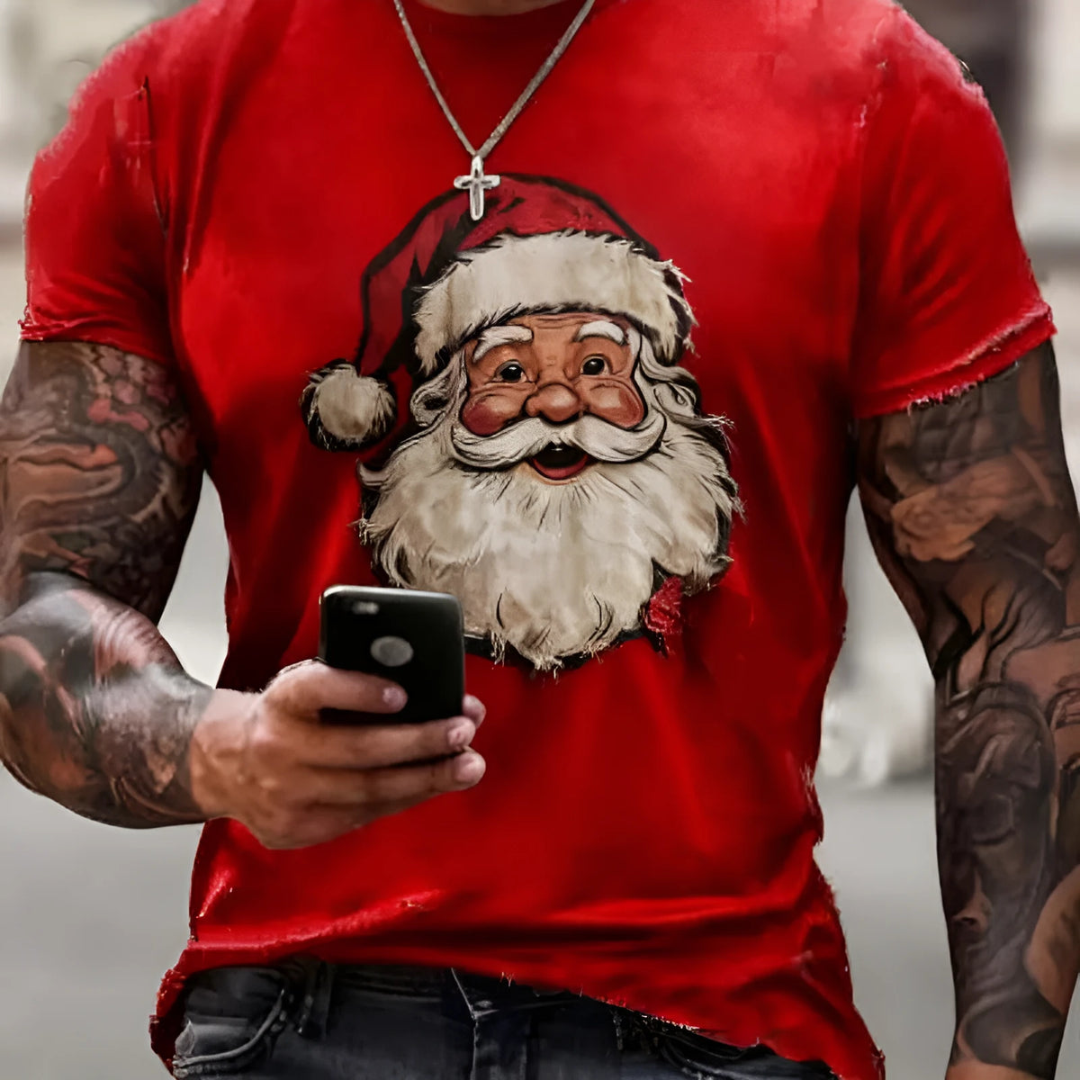 Red men's Santa Claus 3D digital print short-sleeve polyester T-shirt, sizes XS to 6XL