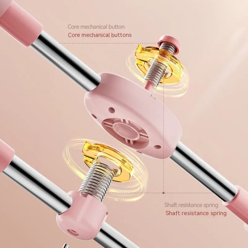 Children's standing open back stretching stick for kids' fitness and body shaping, length adjustable with self-locking mechanism, made from outer TPE and inner PP, available in pink or blue, one size 32x12 cm.