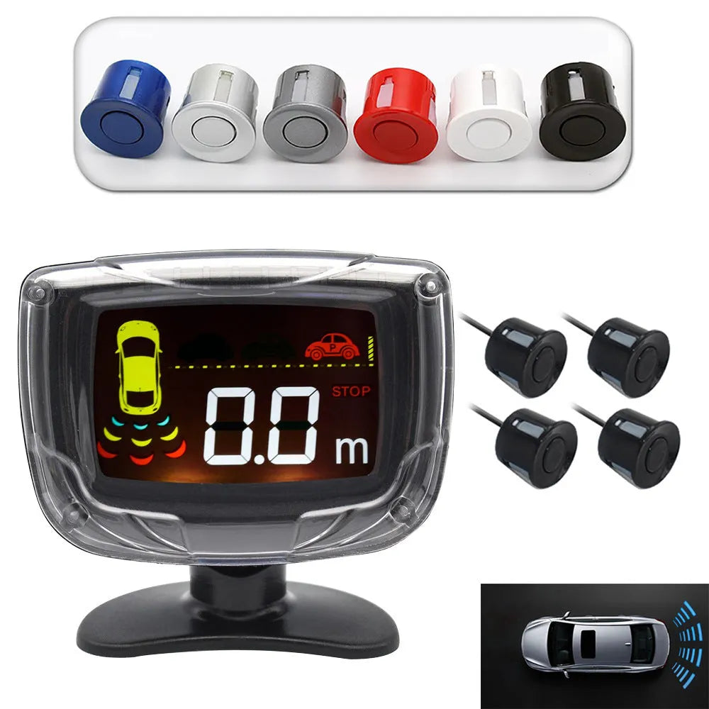 Black wireless vehicle reversing sensor system with LED display unit and four round probes.