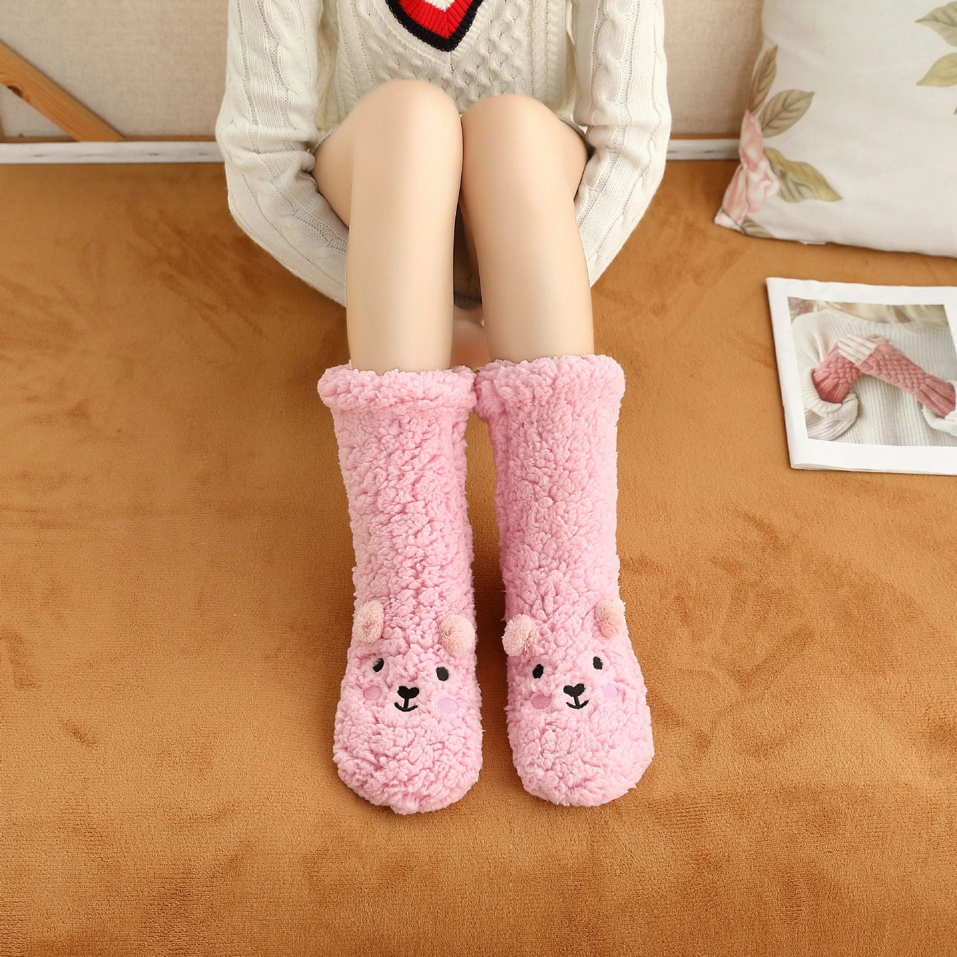 Cozy coral fleece socks with unique Japanese-inspired cartoon designs, providing warm and comfortable indoor lounging and sleeping