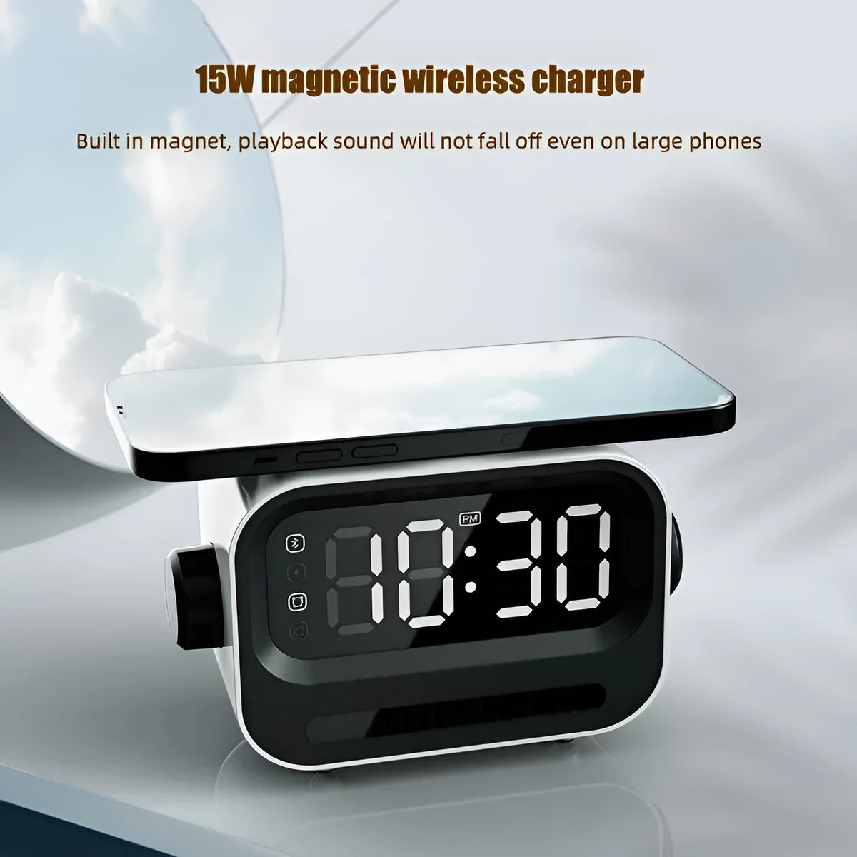 Three-in-one digital alarm clock with atmosphere light and speaker, black or white, 1200 mAh battery