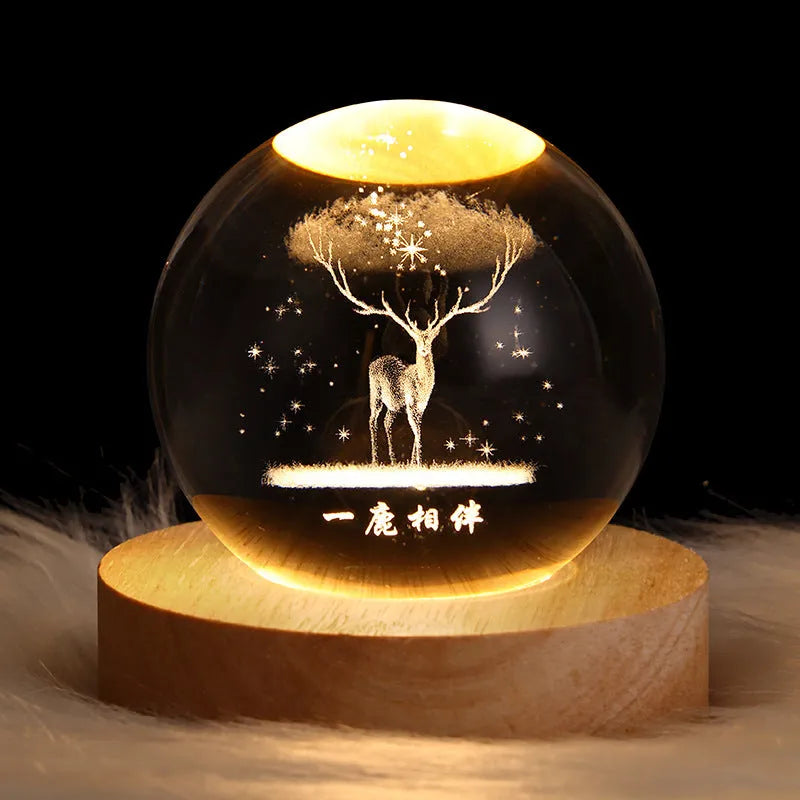 Crystal ball night light projecting 3D starry sky and planets with solid wood base