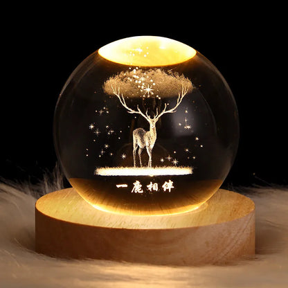 Crystal ball night light projecting 3D starry sky and planets with solid wood base