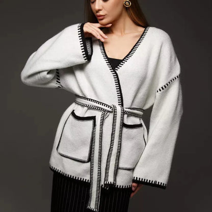 Lace-up knitted cardigan in camel colour with loose mid-length design and imitation cashmere fabric