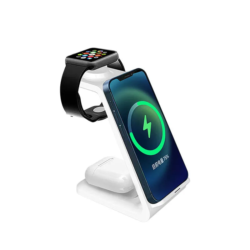 White 3-in-1 wireless charger with upright phone holder charging smartphone, earbuds, and smartwatch simultaneously