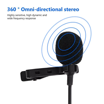Wired lavalier microphone with clip and in-ear headphones for iPhone and 3.5mm devices.