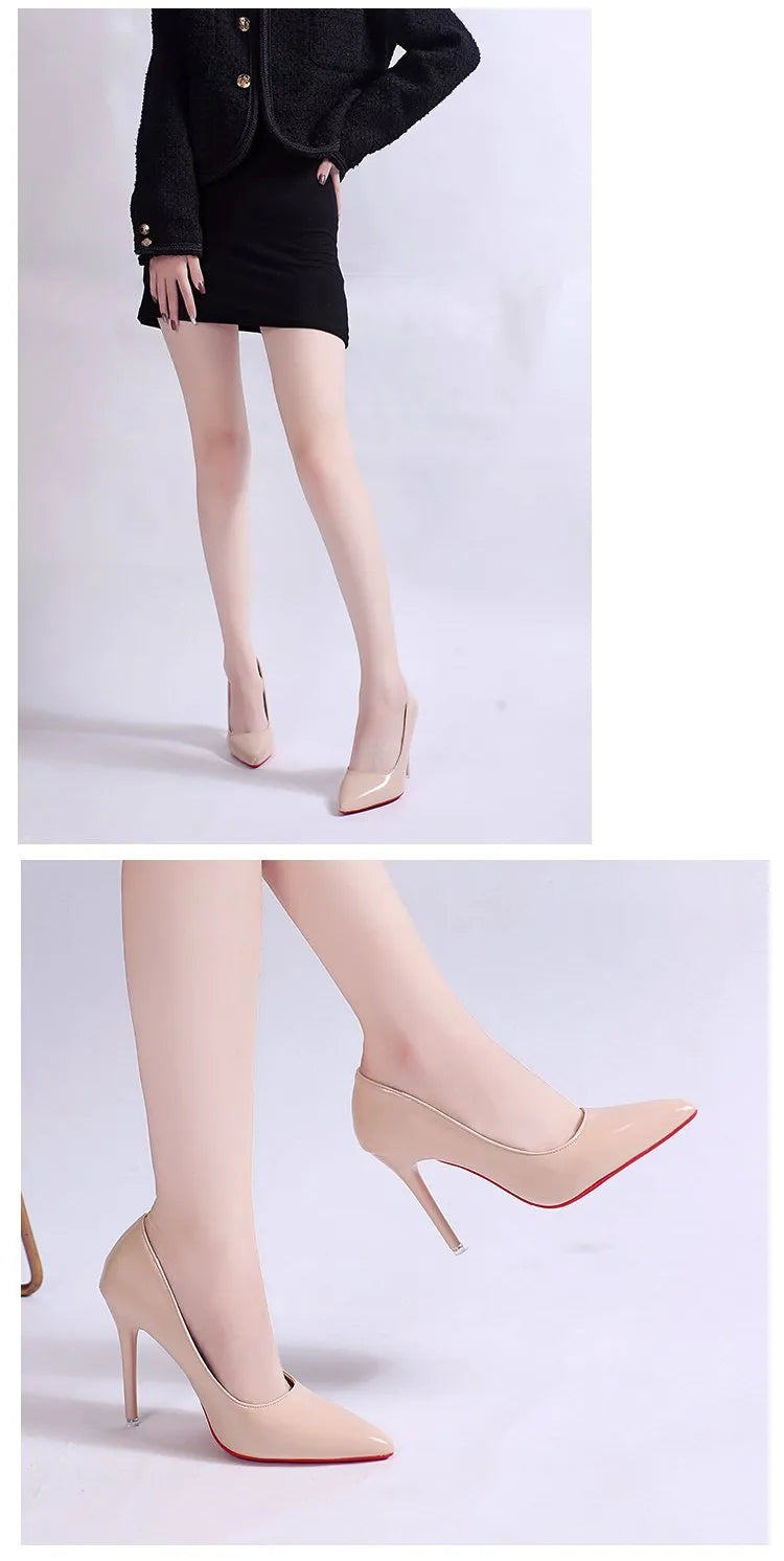 Women's black stiletto heel pumps with pointed toe and shallow mouth design on a neutral background