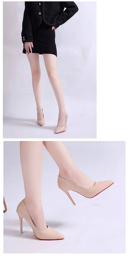 Women's black stiletto heel pumps with pointed toe and shallow mouth design on a neutral background