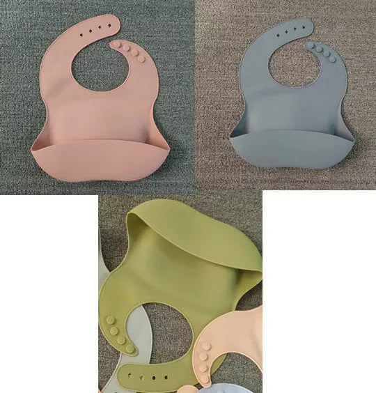 Soft waterproof silicone baby bib with food catcher in various colors