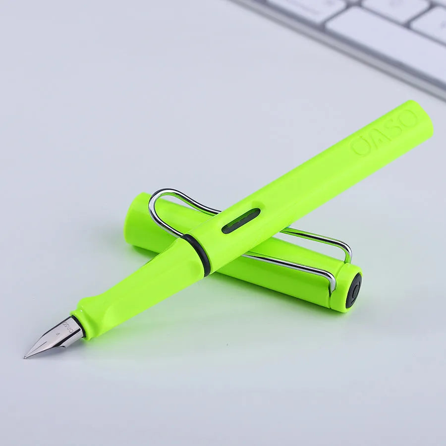 A multicolour ink sac pen with a 0.5mm steel nib and plastic body, shown with F and EF tip options.