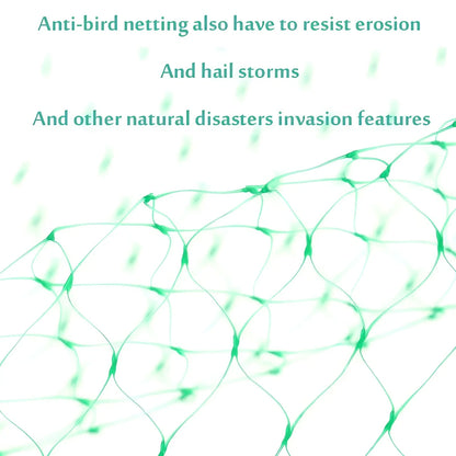 Green plastic garden bird net draped over plants showing mesh pattern and size options