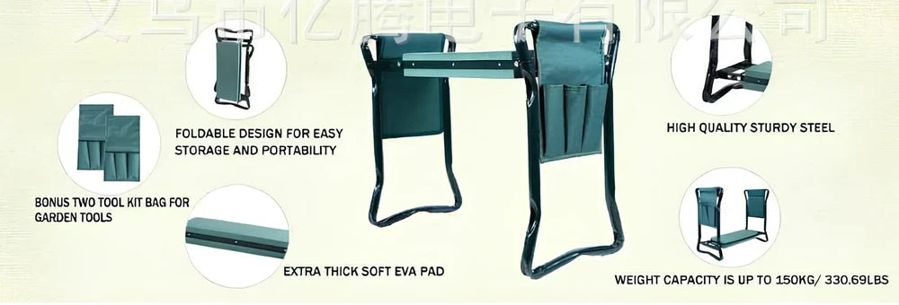 Green foldable outdoor garden bench with foam pad and side tool pouch