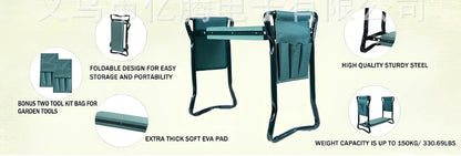 Green foldable outdoor garden bench with foam pad and side tool pouch