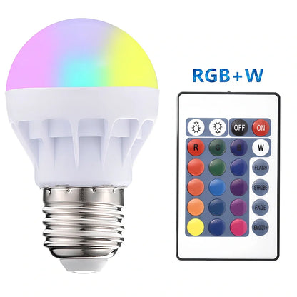 RGBW LED bulb with remote control showing colour-changing capability and plastic aluminium construction