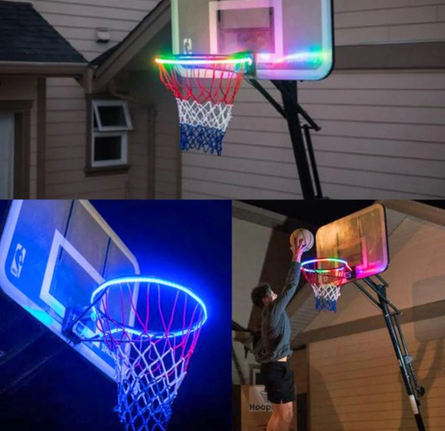 Induction Color Changing Basketball Frame Light attached to rim, illuminating at night